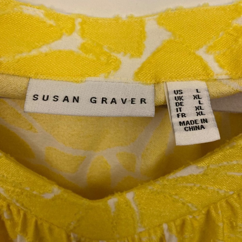 Susan Graver Sunny Yellow White Mixed Media Blouse V-Neck Elastic Cuff Sz L - Picture 2 of 9